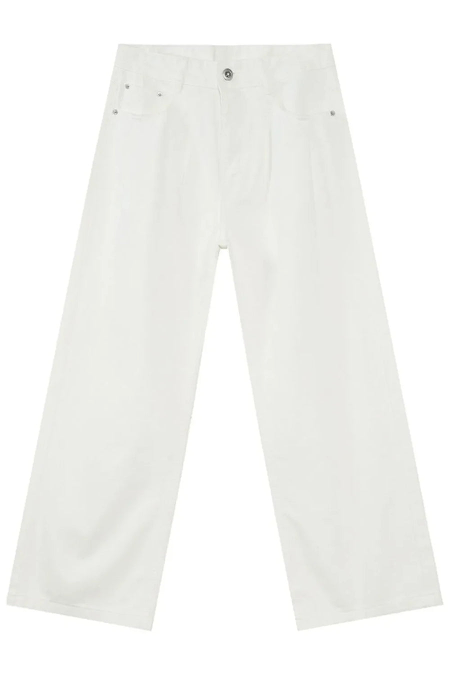 Ivory wide-leg denim trousers with pleats and a casual silhouette.