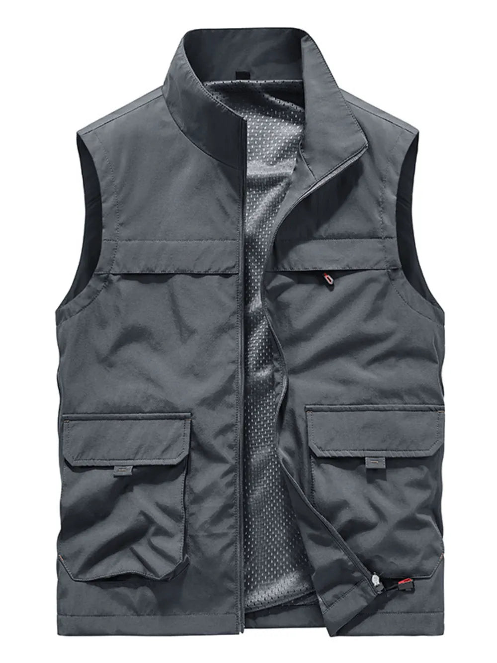 Grey utility vest with stand collar, zip front, and four cargo pockets.