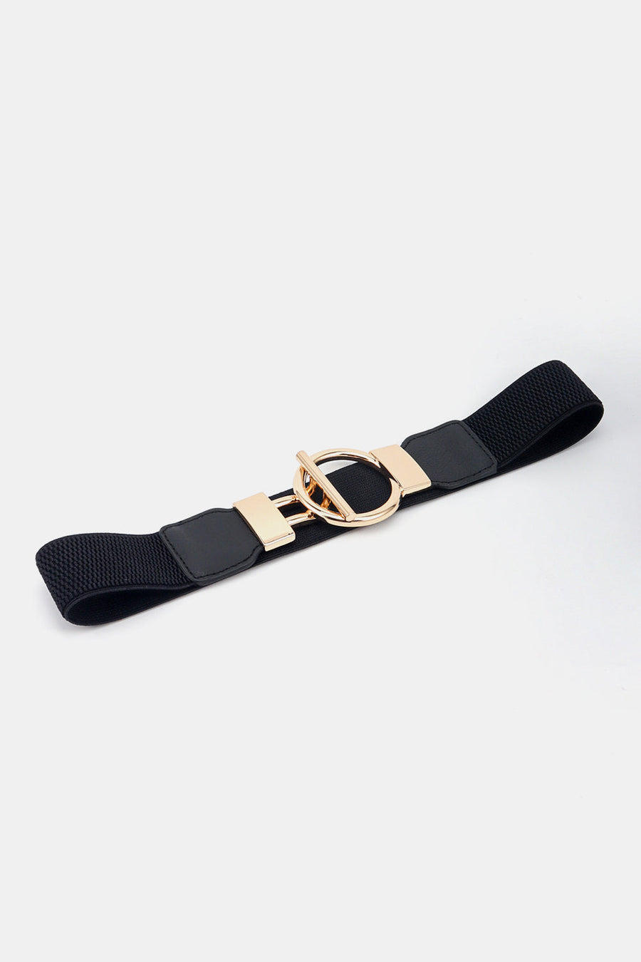 Black elasticated belt with gold ring buckle and gold hardware detail