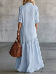 Pink Button Front Roll-up Sleeve Maxi Dress Plus Size