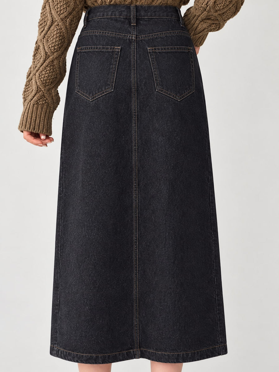 Polyester blend midi skirt in Black with straight silhouette