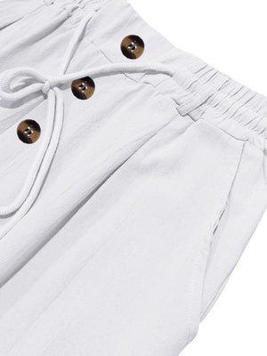 Men's Full Size Drawstring Button-Front Pants in beige with button-front detail