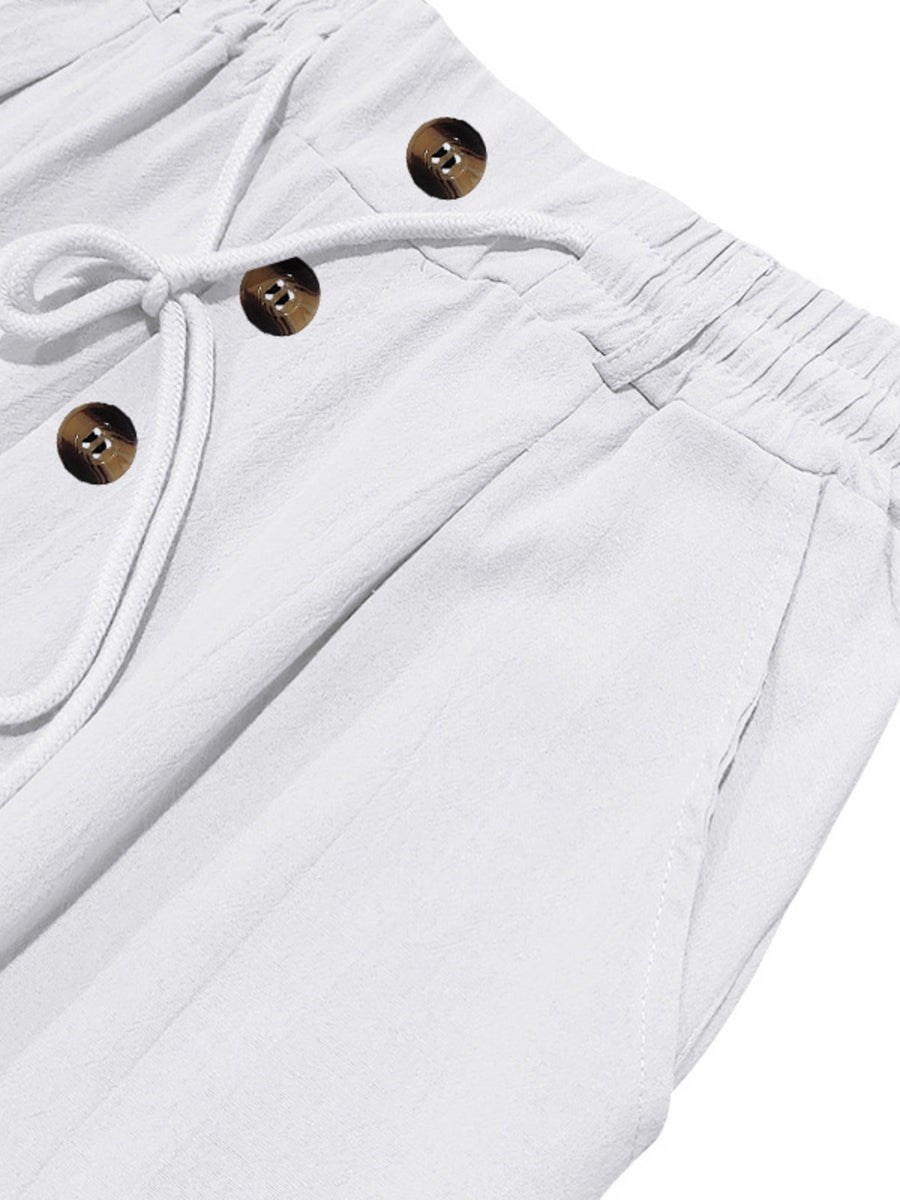 Men's Full Size Drawstring Button-Front Pants in beige with button-front detail