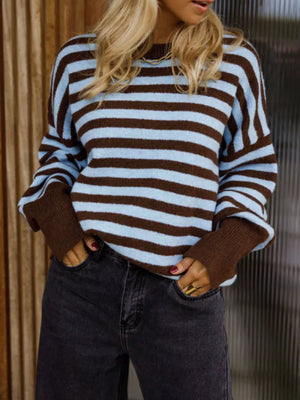 sky blue pullover sweater with striped and crew neck