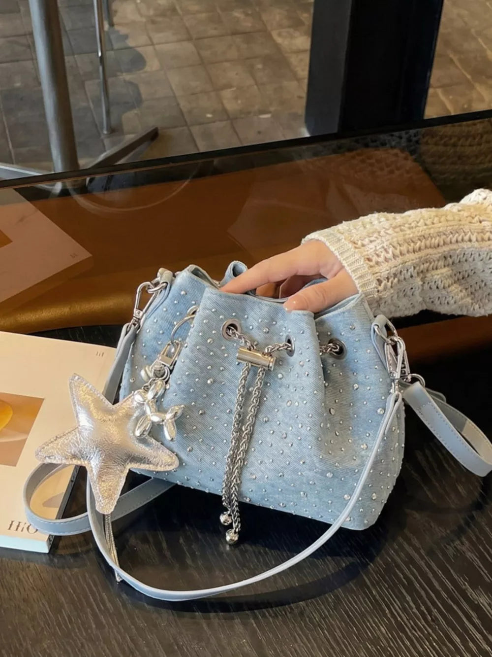 Drawstring Bucket Crossbody Bag in Blue