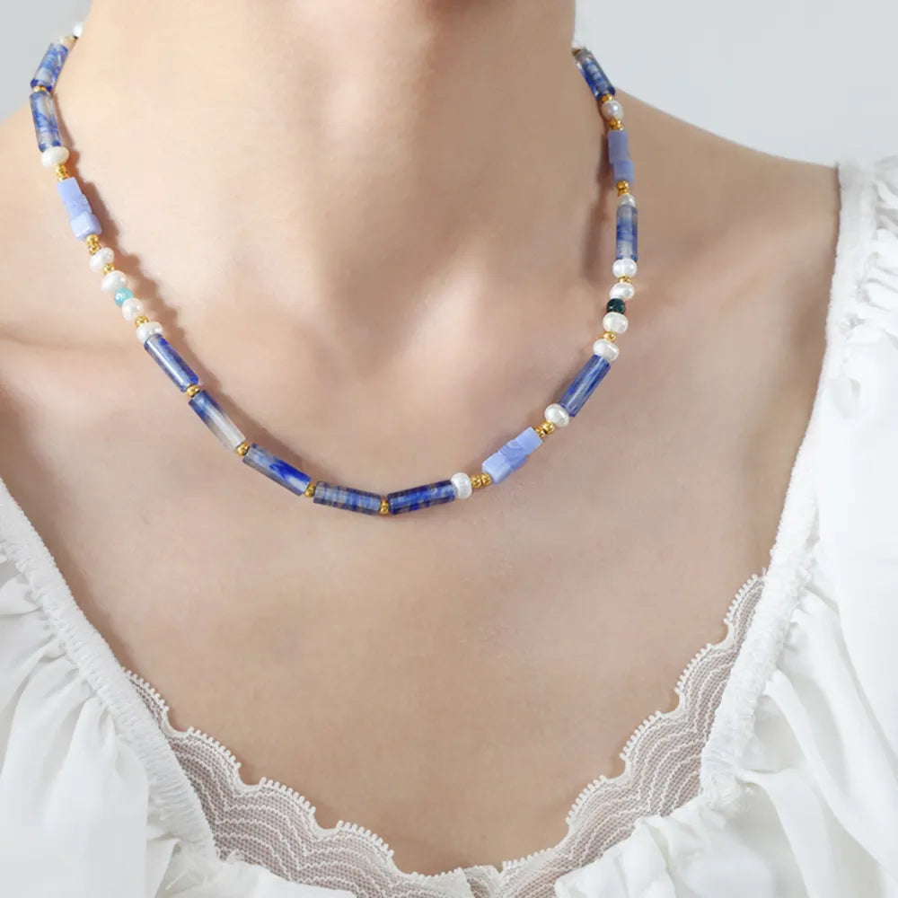 Lapis Lazuli & Pearl Bead Necklace in light blue with gold accents