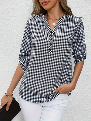 Black with Gingham Button Detail Blouse in Black