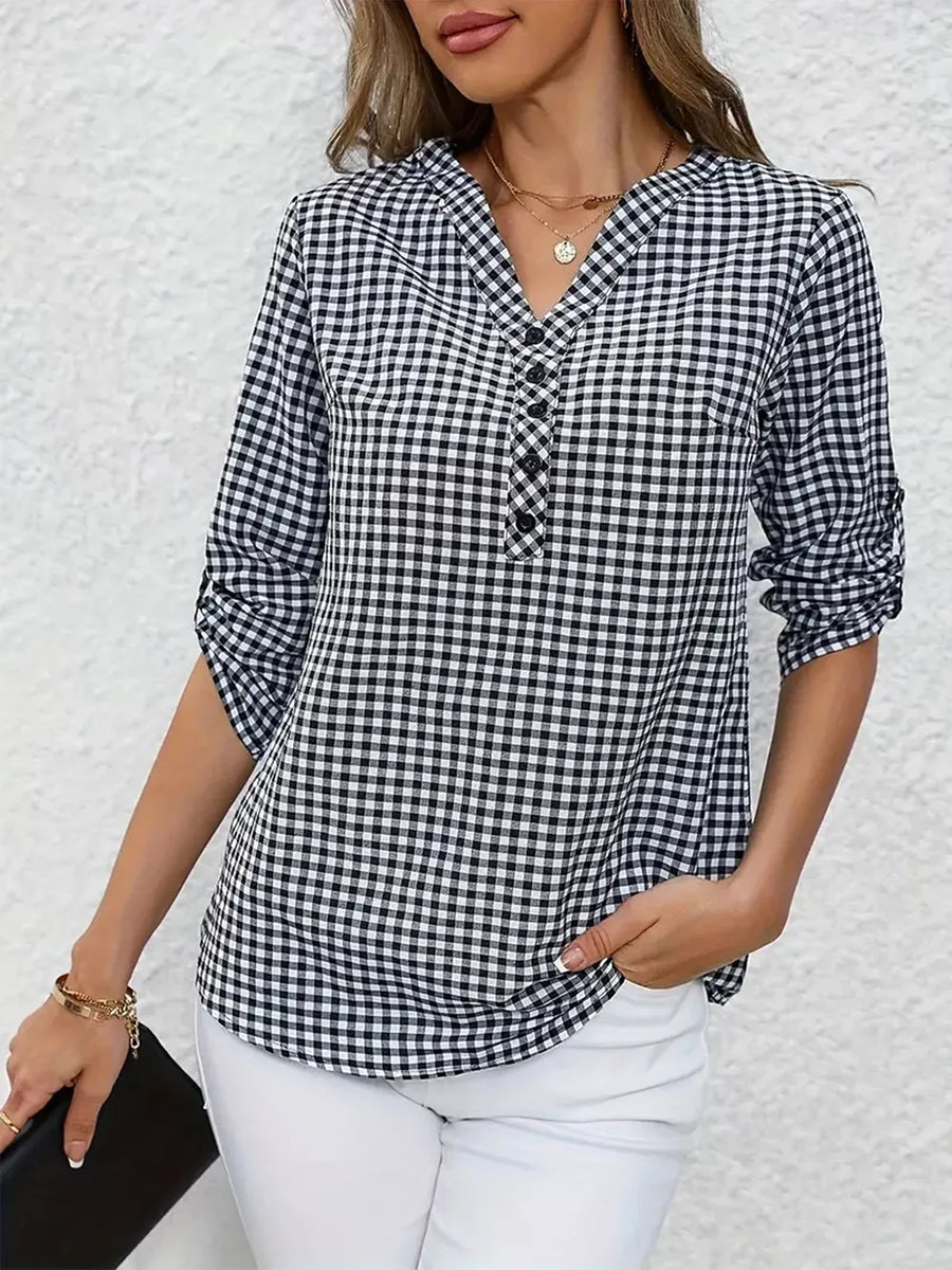 Black with Gingham Button Detail Blouse in Black