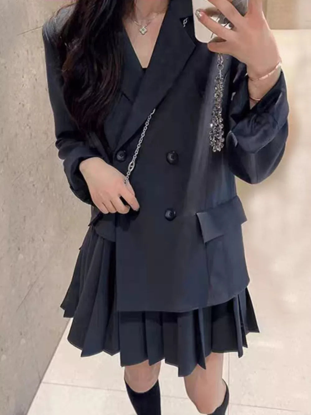 Black with Plus Size Asymmetrical Pleated Blazer Dress