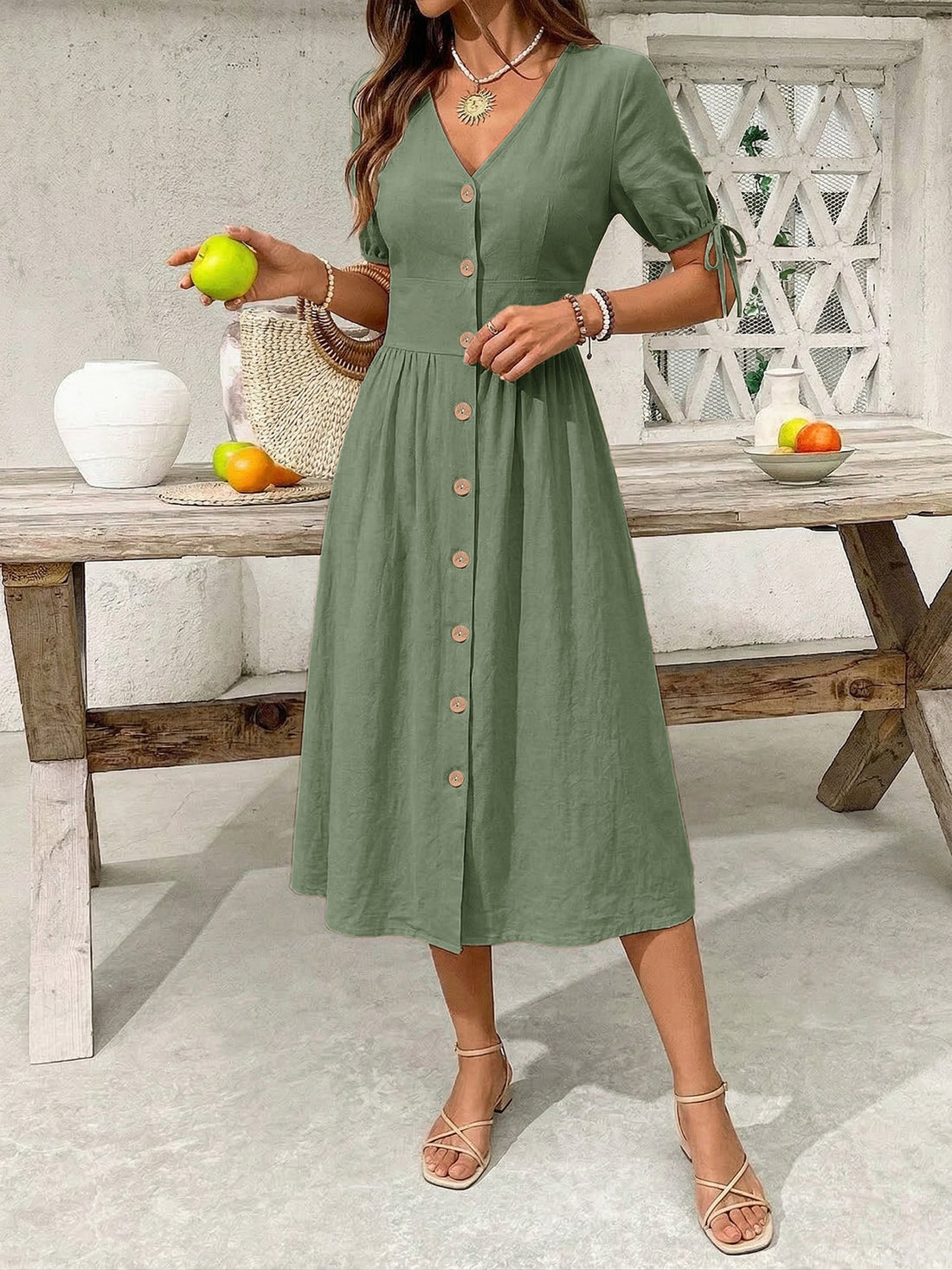 Sage button-down midi dress with tie sleeves and wooden buttons
