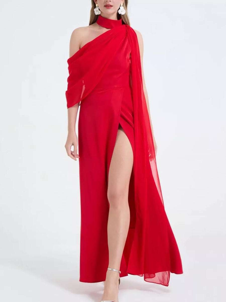 Red asymmetrical maxi dress with high slit and draped chiffon detail