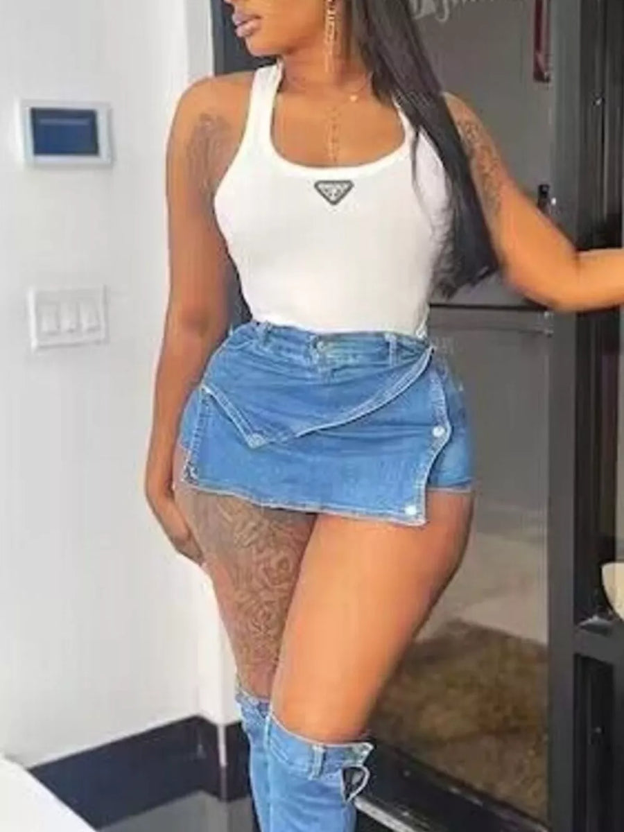 Medium with Asymmetrical Wrap Denim Skort