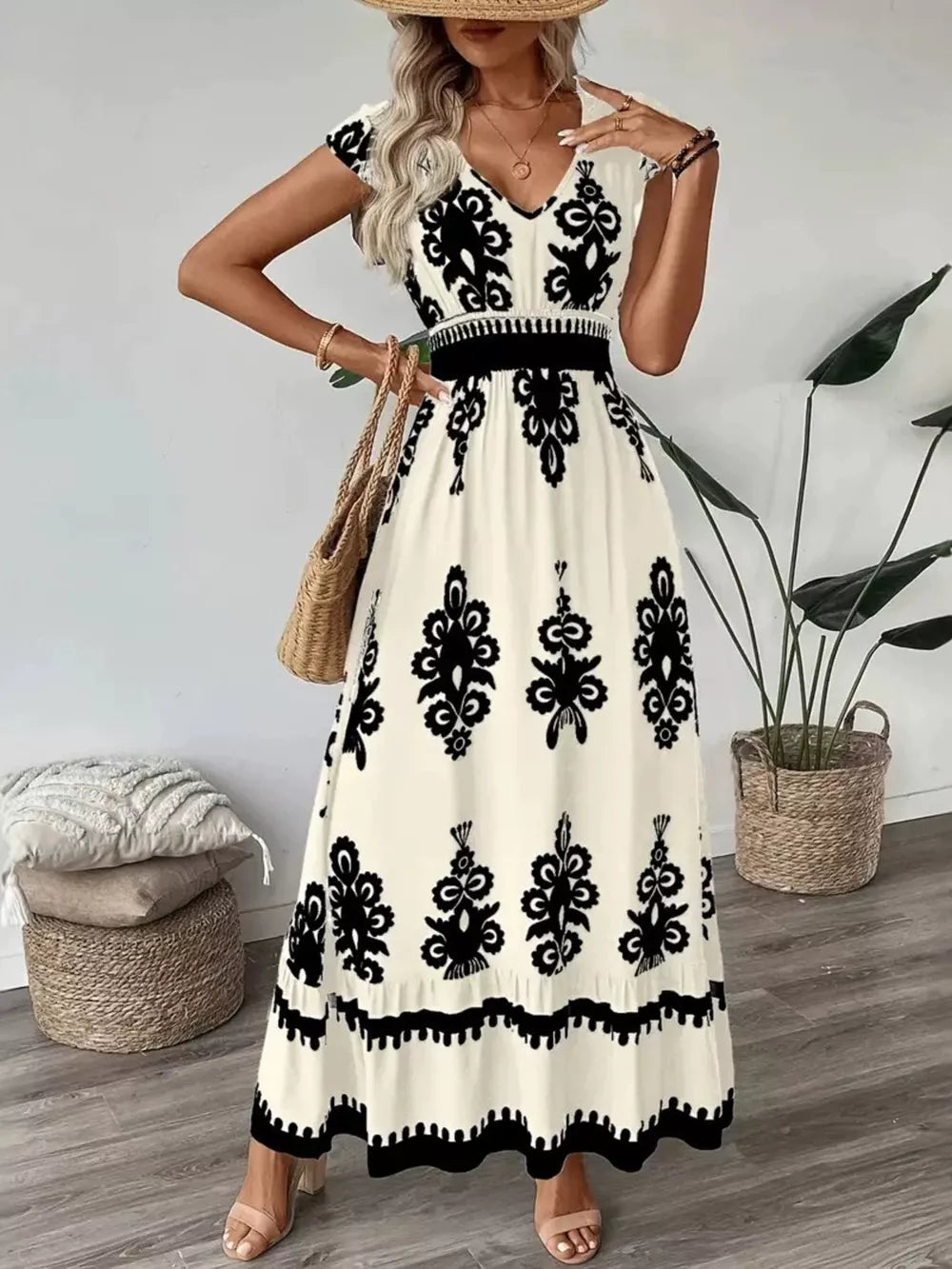 Dark Navy Ruffled Printed V-neck Maxi Dress