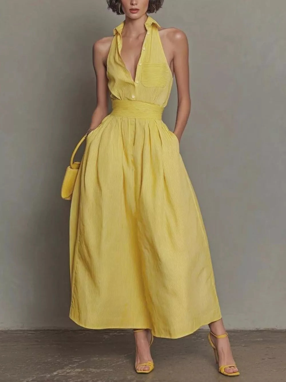 lemon yellow maxi dress with striped and halter