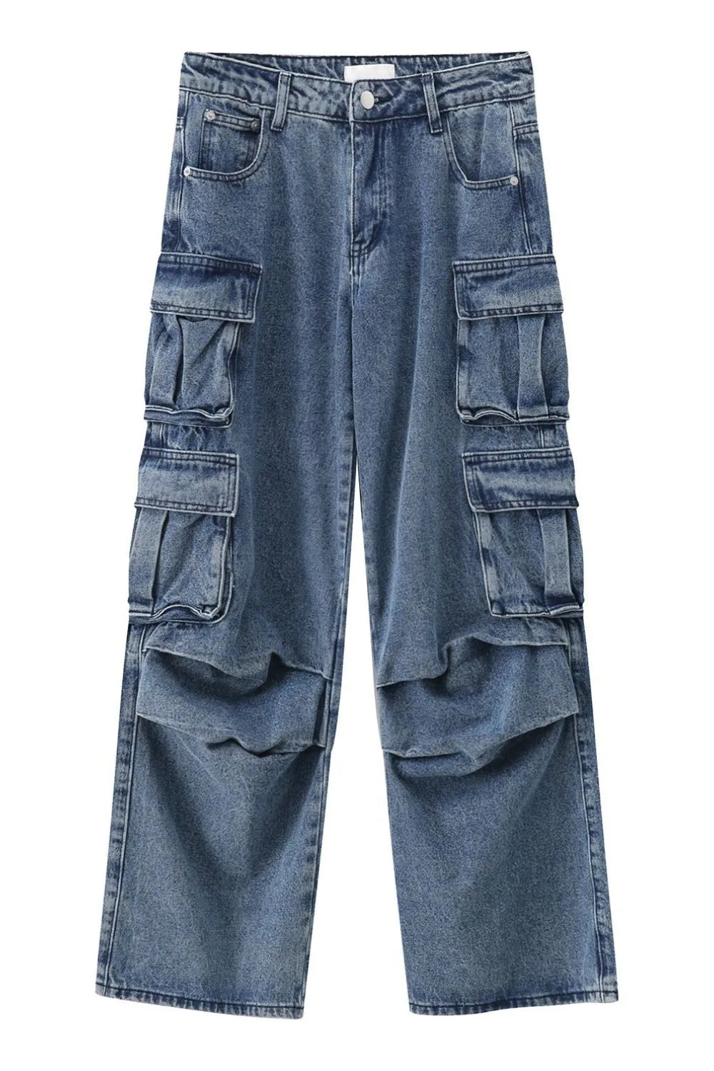 Baggy denim cargo pants in medium wash with multiple pleated pockets and a relaxed fit.