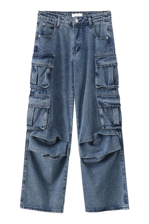Baggy denim cargo pants in medium wash with multiple pleated pockets and a relaxed fit.