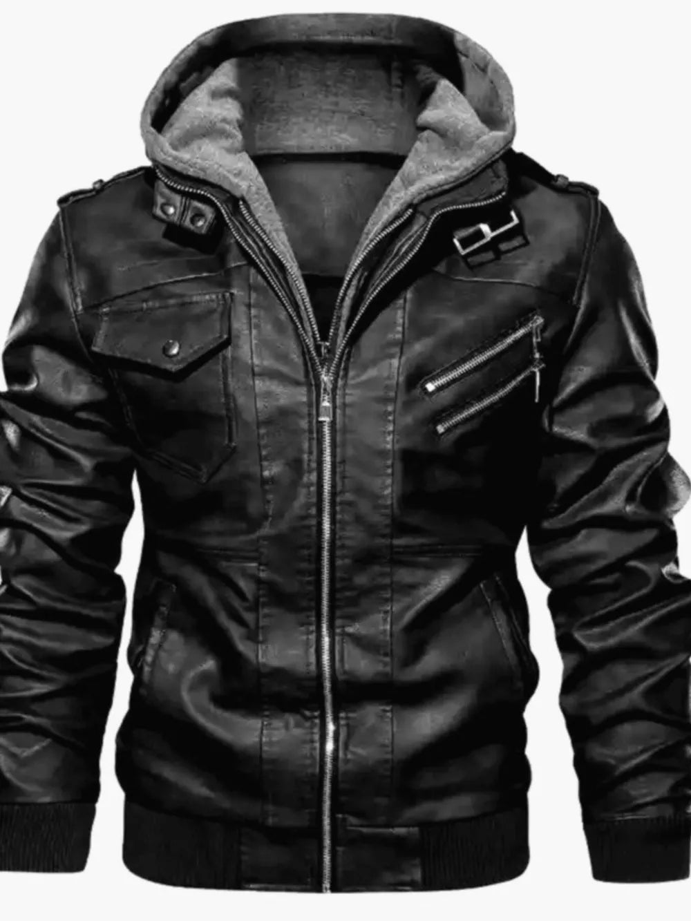Men's black faux leather moto jacket with grey hoodie, zippered pockets, and buttoned chest pockets.