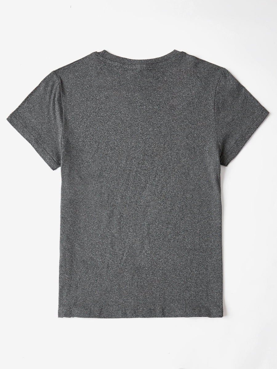 Dark gray 100% polyester t-shirt with short sleeves and a crew neck.