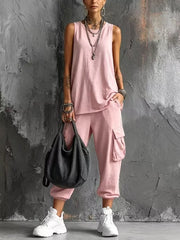 Army Green Casual Tank And Cargo Pants Set Plus Size