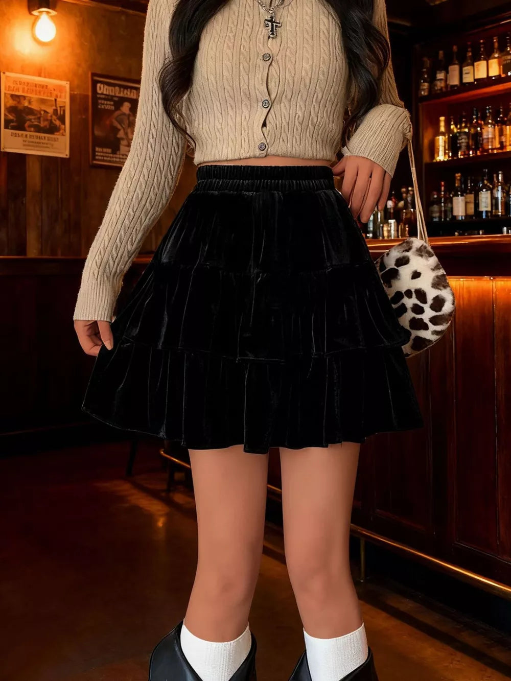 Black velvet tiered mini skirt with elastic waist