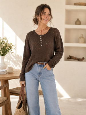 pullover sweater in Brown with henley and long sleeve