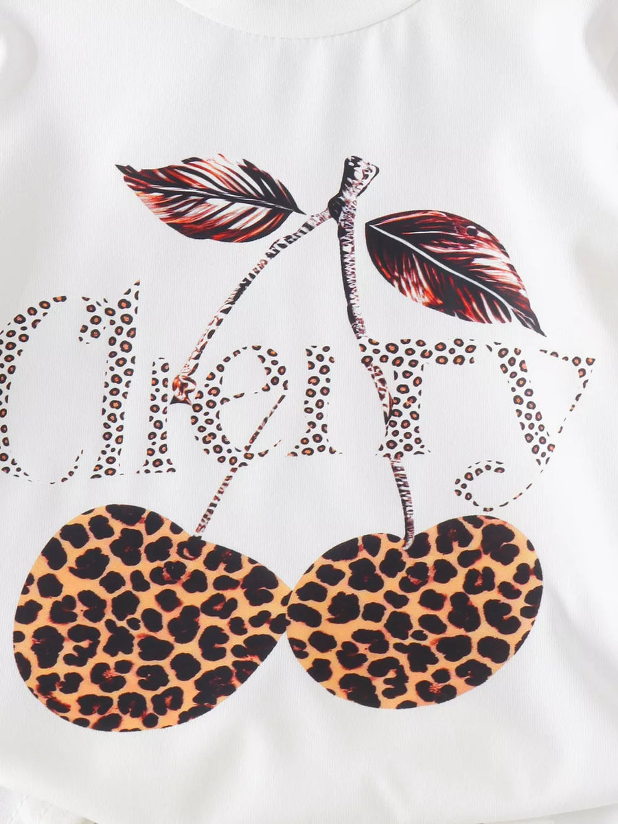 White with Children's Cherry Leopard Tee And Flare Pants Set