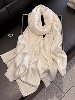 White Tencel cotton scarf with geometric pattern and fringe detail