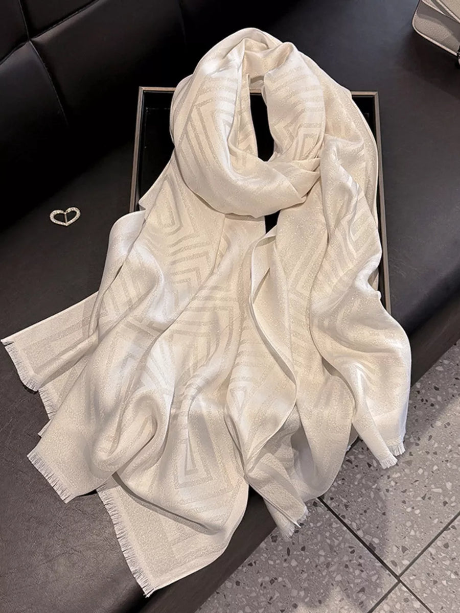 White Tencel cotton scarf with geometric pattern and fringe detail