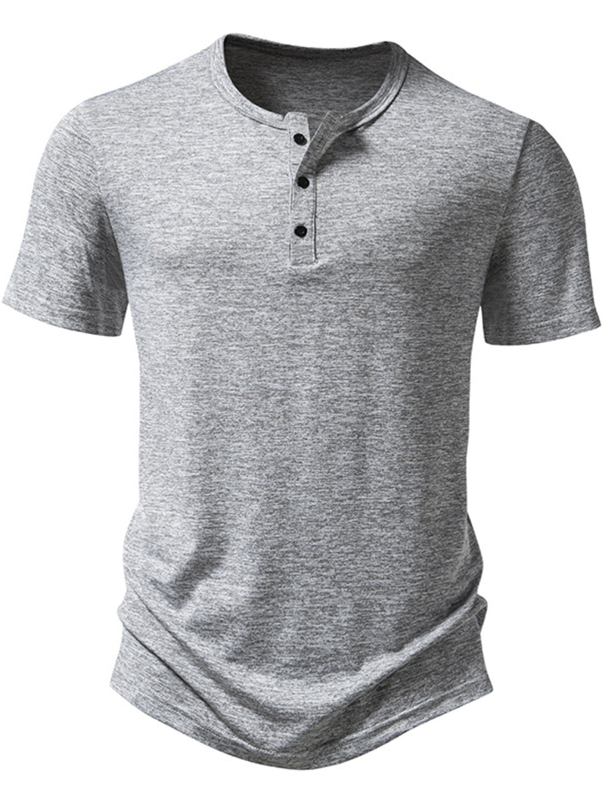 Men's light gray mélange cotton short sleeve slim fit henley tee with curved hem