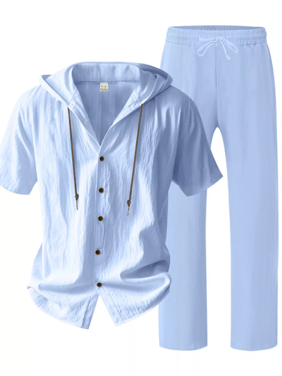 Sky blue linen blend hooded top and pants ensemble with drawstring waist.