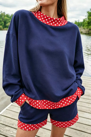 navy blue lounge set with polka dot and mock neck