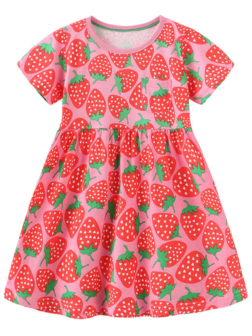 Pink cotton blend toddler dress with allover red strawberry print and chest pocket.