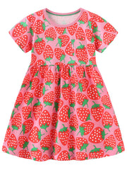 Pink cotton blend toddler dress with allover red strawberry print and chest pocket.