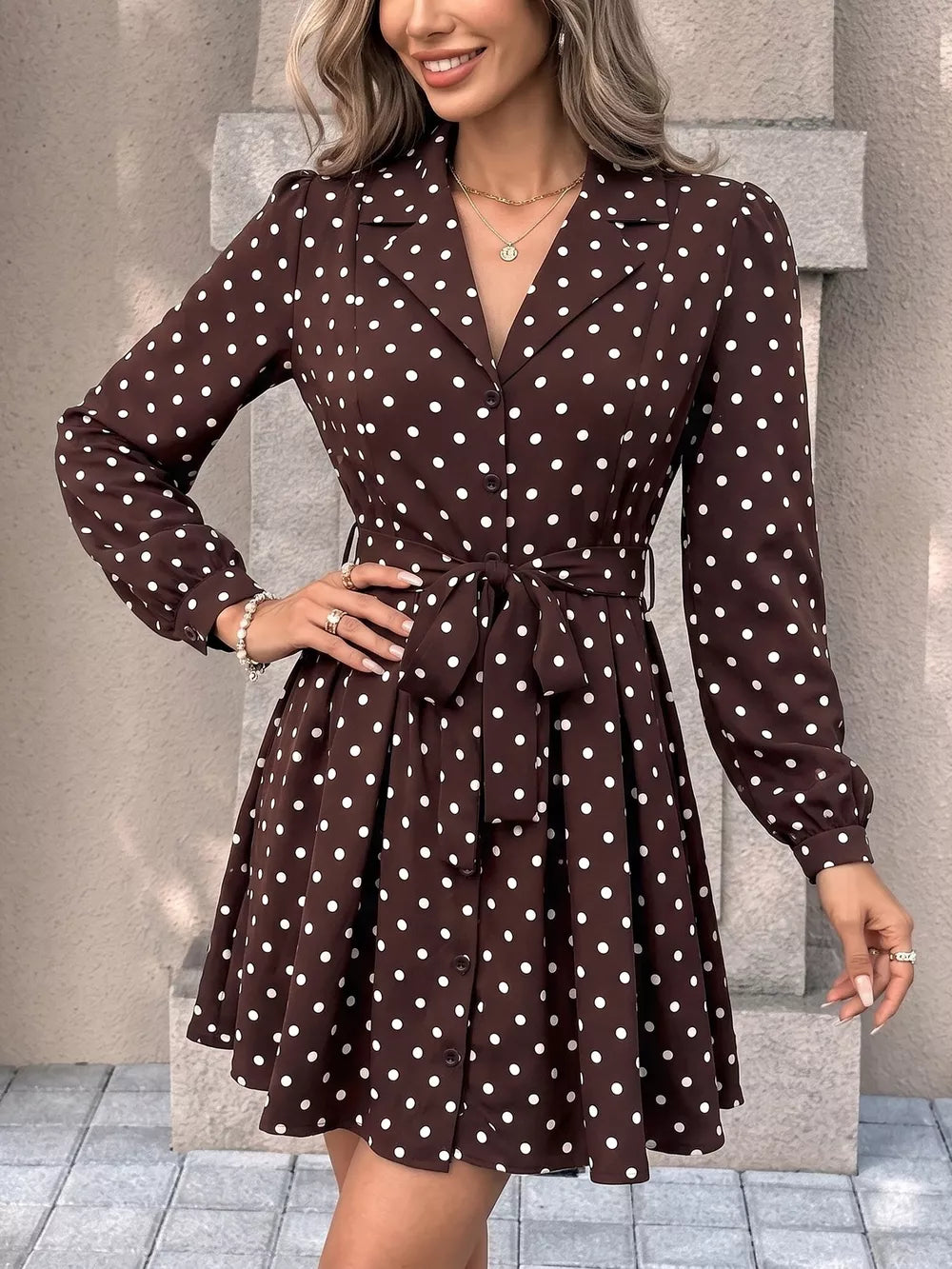 100% polyester Care instructions: Machine wash cold shirt dress in Brown with A-line silhouette