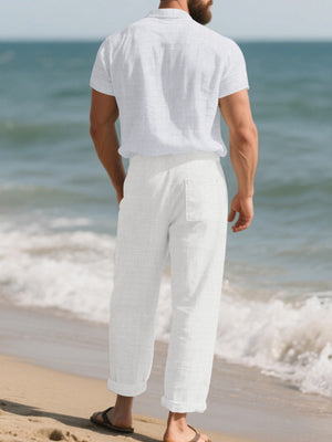 White with Men's Casual Button-up Shirt And Pants Set Plus Size
