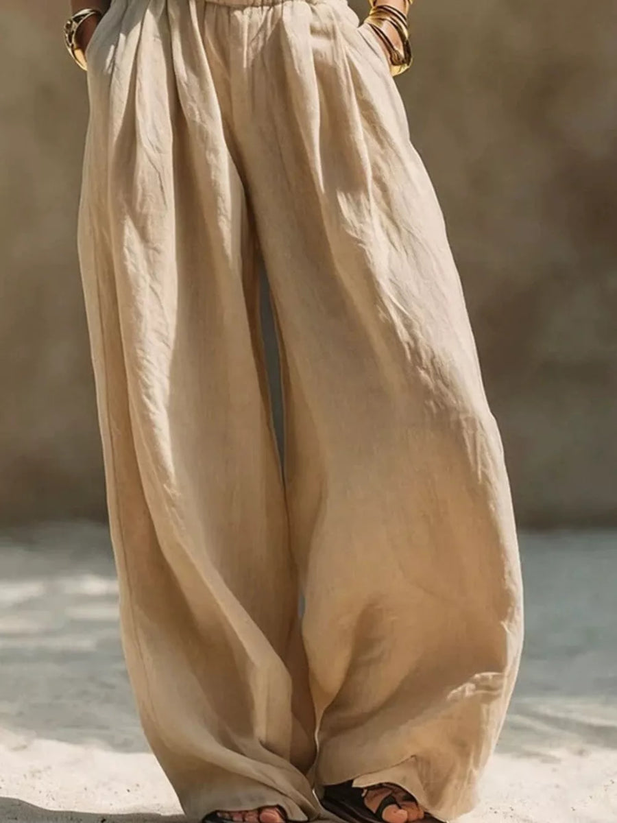 Full Size Elastic Waistband Wide Leg Pants in Beige, view 12
