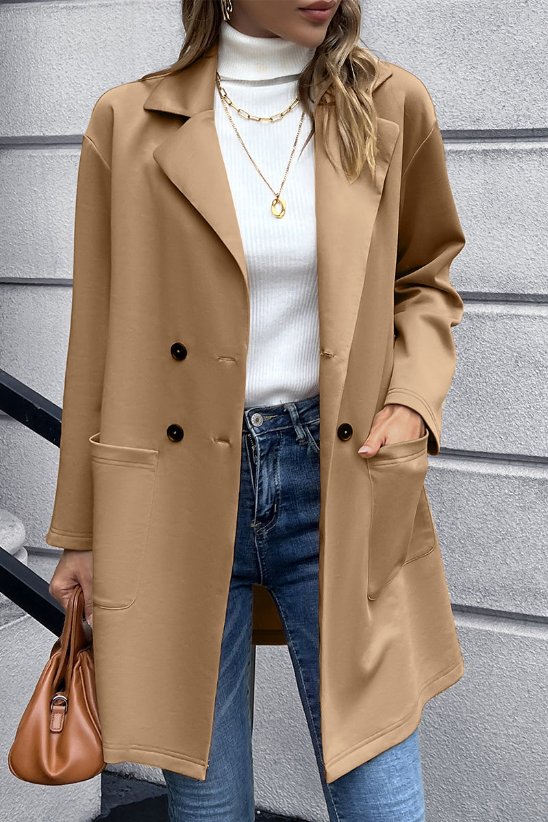 Camel double-breasted soft-drape blazer coat with two front pockets and dark buttons.