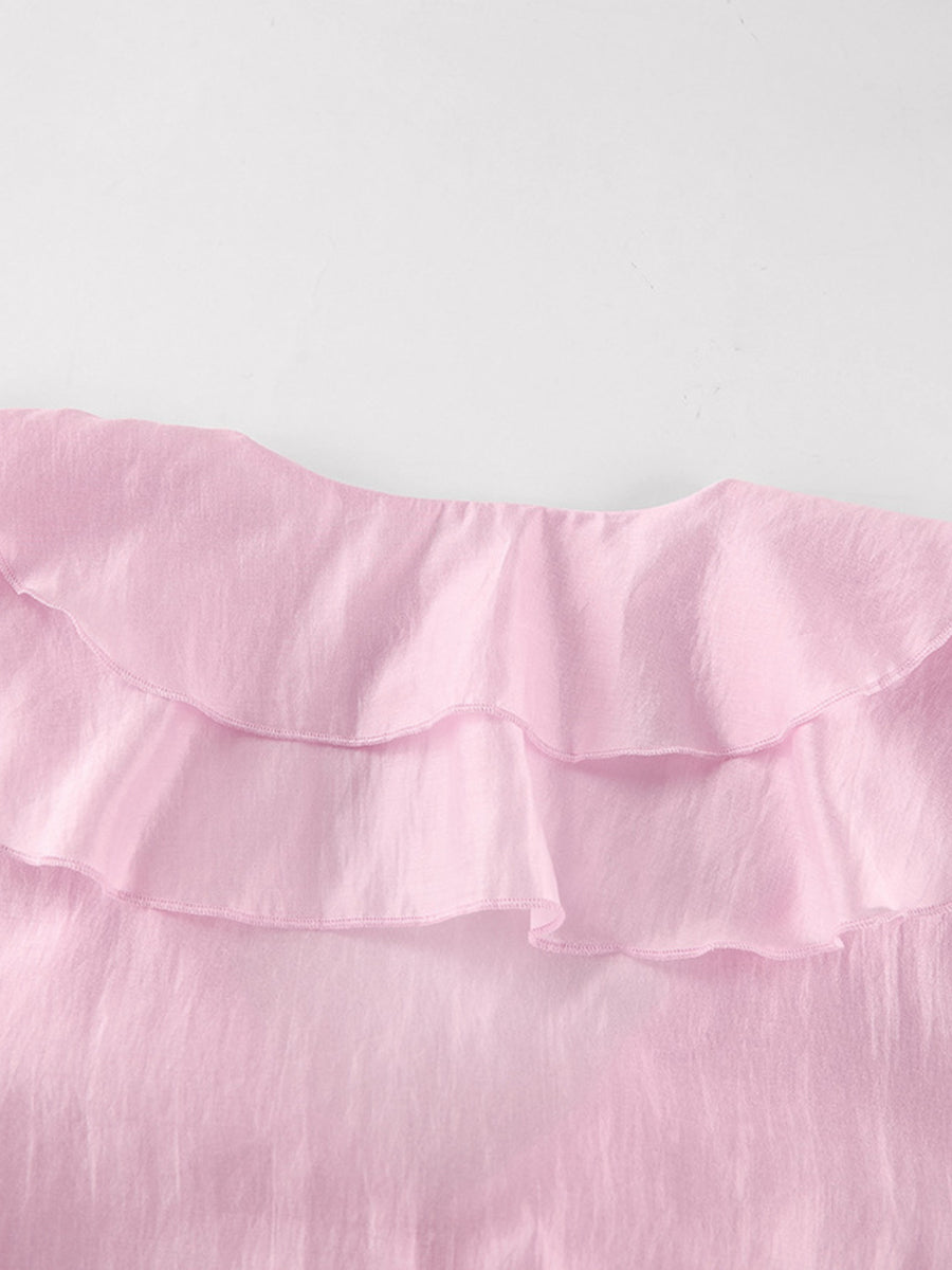 Blush pink blouse with double ruffle trim detail