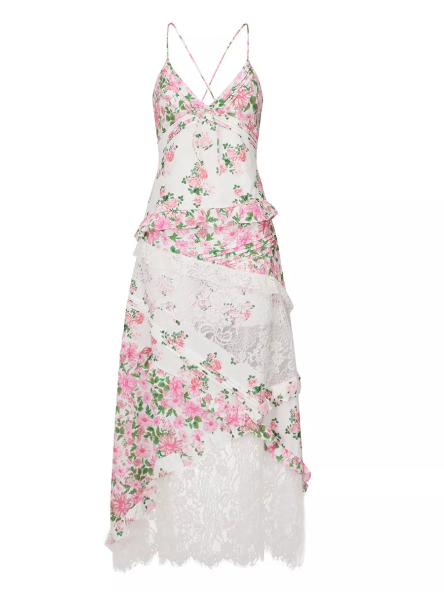Floral lace maxi dress with ruffles in pink floral print and white lace detail.