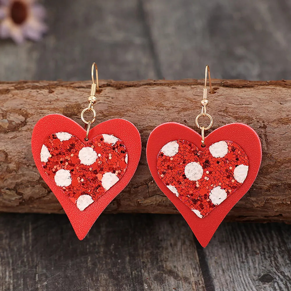 Red polka dot glitter heart drop earrings with gold hooks