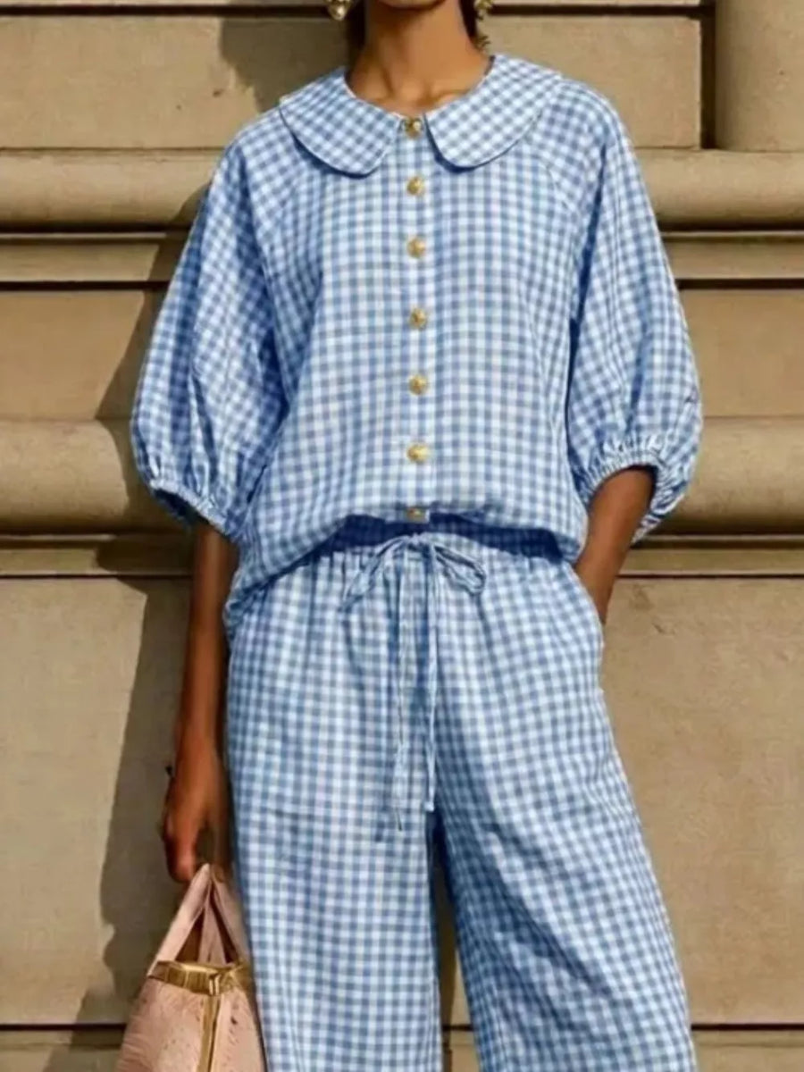 Khaki Full Size Plaid Button Up Shirt And Pants Set Plus Size