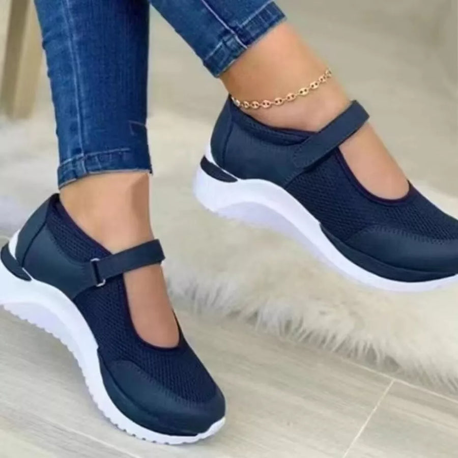 Blue mesh round toe Mary Janes with adjustable strap and chunky white sole