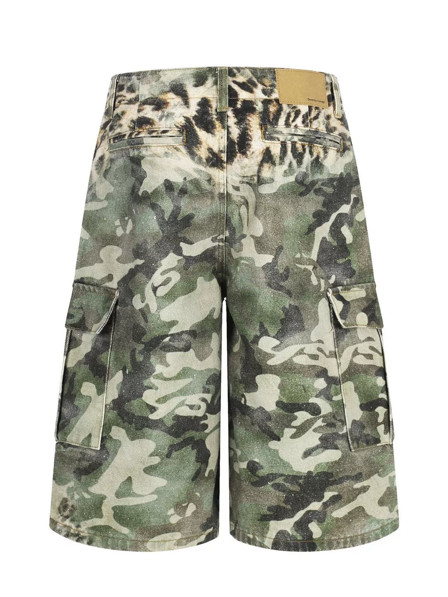 Maternity cargo capris with camouflage print and leopard print waistband.