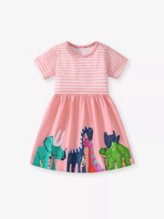 Toddler pink cotton dress with white stripes and dinosaur print applique.