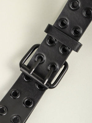 Black vegan leather belt with double grommets and matte black buckle.