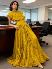 Yellow lace maxi dress with ruffled short sleeves and high neckline.