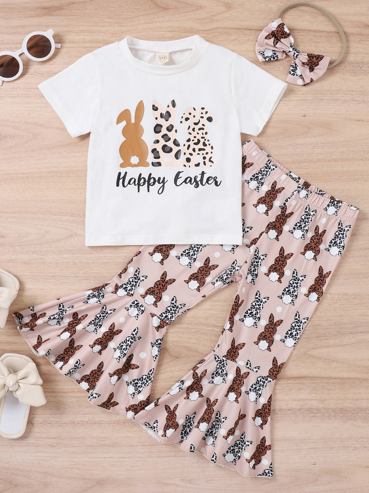 Girls' Easter bunny graphic set with white Happy Easter tee and pink bell bottoms.