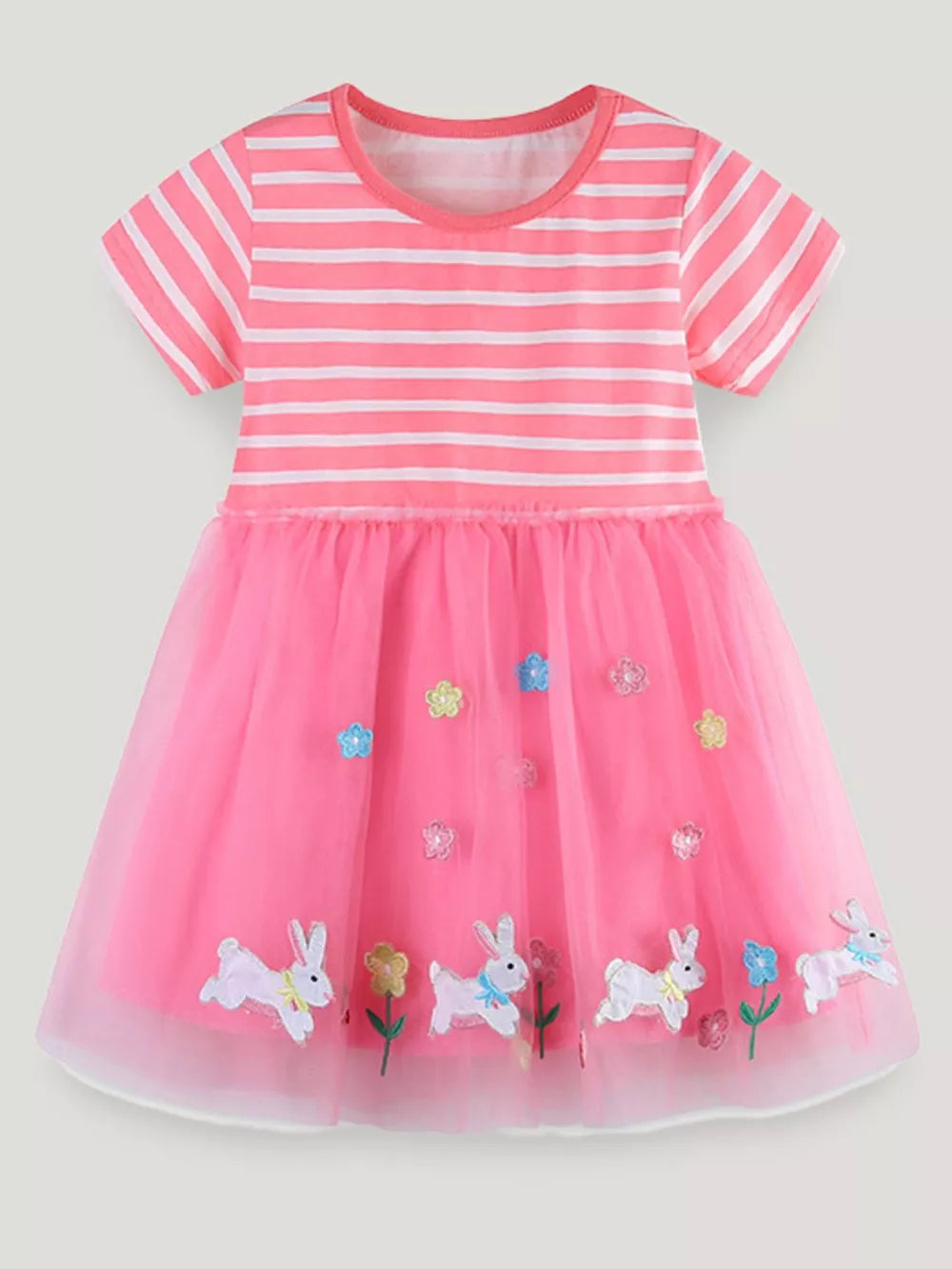 Pink tulle dress with bunny and flower appliqués, striped cotton top.