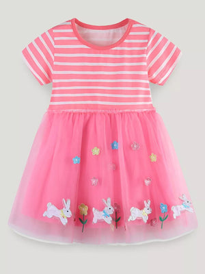Pink tulle dress with bunny and flower appliqués, striped cotton top.