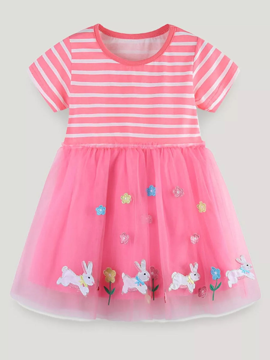 Pink tulle dress with bunny and flower appliqués, striped cotton top.